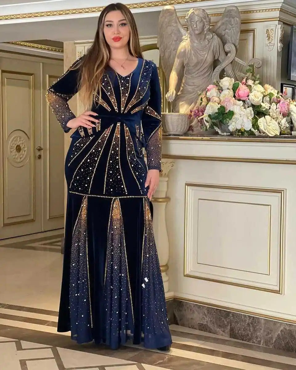 Maxy Velvet Evening Dresses for Women Dashiki Diamond Kaftan Party Long Dress Abaya Dubai Ankara Robe Femme Africa Clothes