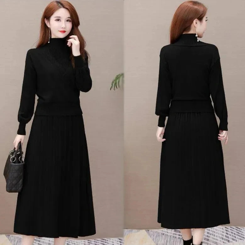 Maxy Elegant Half Turtleneck Sweater Dress 2 Piece Set Sleeveless Winter Vest + Midi Knitted Dresses Suit Large Size Women Outfits