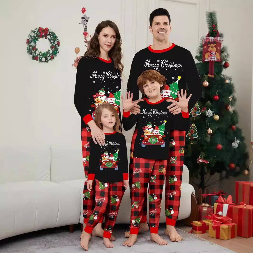 Christmas family suit New Year family suit Adult children family clothing Car snowman Christmas tree print home clothing pajamas