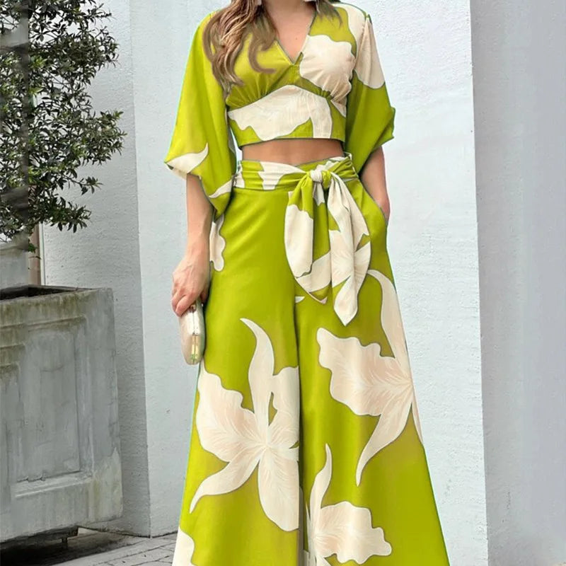 Maxy Vacation Beach Fashion Set Women's Fashion Spring V-neck Lantern Sleeve Top T-shirt Loose Sexy Lace Up Loose Pants Two Piece Set