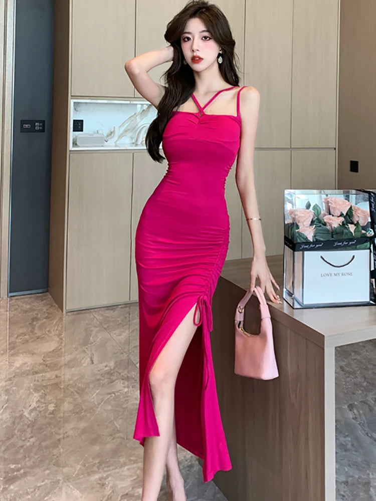 Maxy New Rose Red Elegant Bodycon Bandage Slit Long Dress Women Fashion Chic Sling Sexy Dress Summer Korean Luxury Eveing Dress