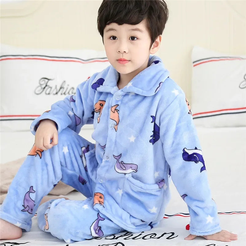 New Kids Max Pajama Sets Boys Girls Autumn Winter Thicken Warm Home Wear Cartoon Lapel Long Sleeve Sleeping Clothing Sets