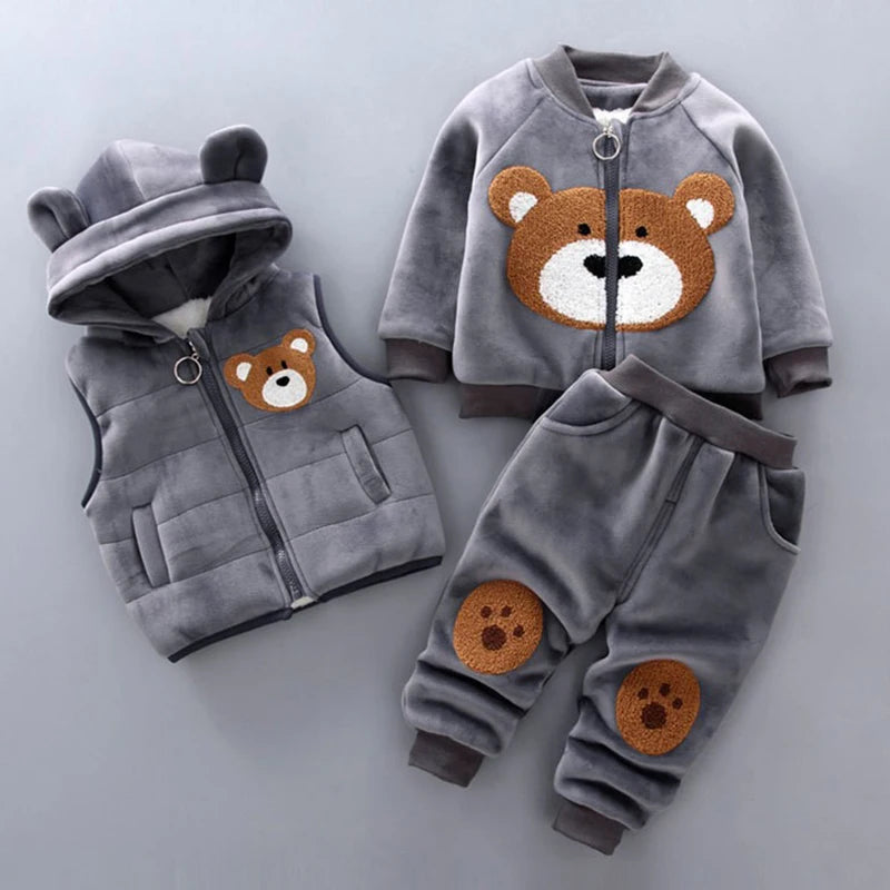 Winter Warm Velvet Plush Hooded Vest+Sweater+Pants 3Pcs Suit Cartoon Bear Kids Toddler Set Boys Girls Autumn Casual Clothes New