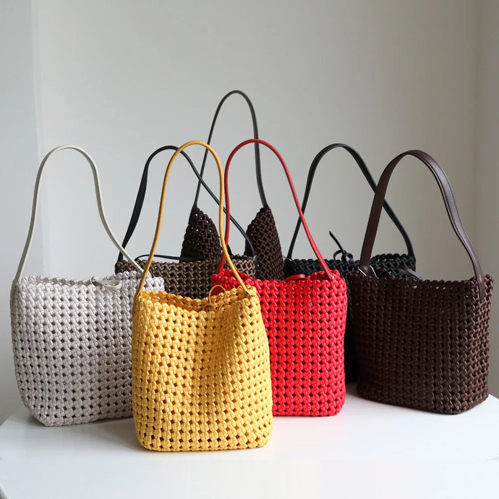 Maxy NEW Hollow woven silk and satin with cowhide women's bag large capacity tote bag hand-heeled shoulder armpit bag bucket bag