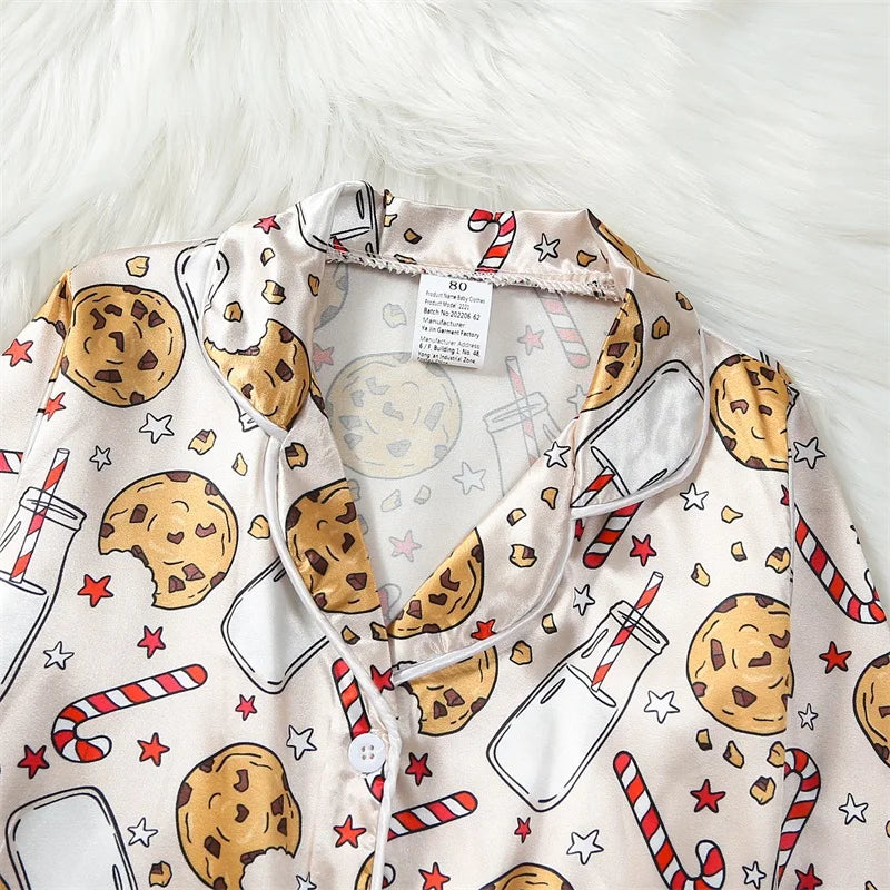 Maxy Boys Girls Christmas Pajama Set Cookie Mike Print Long Sleeve Button-up Tops Long Pants 2 Pcs Set