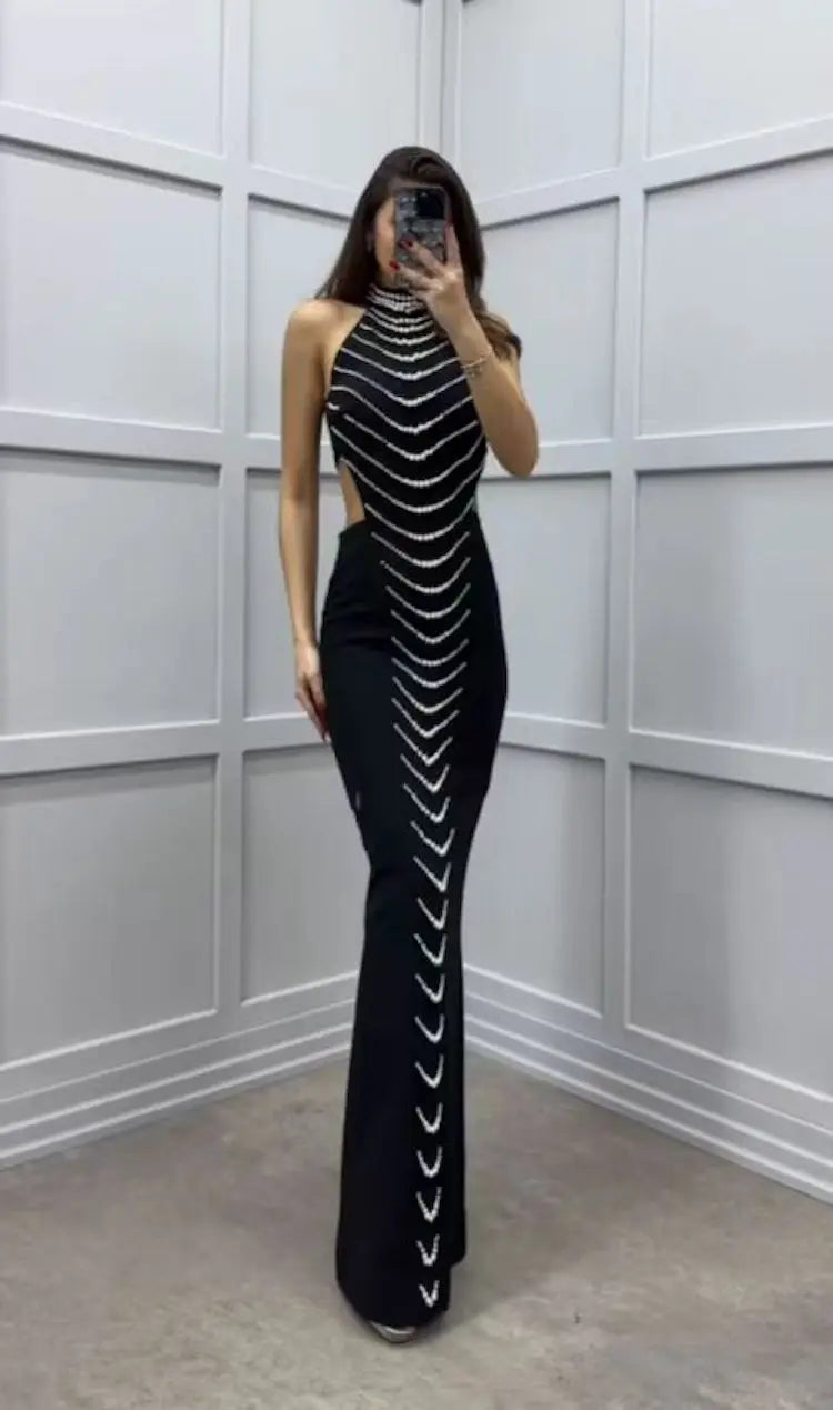 Maxy Women Halter Evening Dresses Luxury Sleeveless Embroidered Flares Gown Back Slit Celebrity Party Bodycon Bandage Dresses