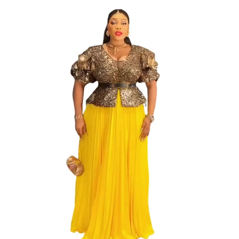 Maxy Plus Size African Women Dress Elegant Sequin Golden Dresses Evening Gown Wedding Reception Attire Dubai Party Clothes Oversize