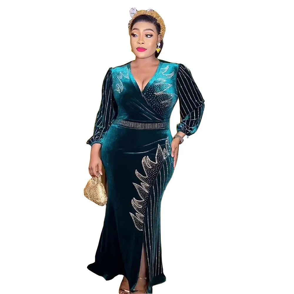 Maxy Clothing for Women Dubai Turkey Luxury Diamond Velvet Dresses Plus Size Maxi Robe Party Long Sleeve Gown