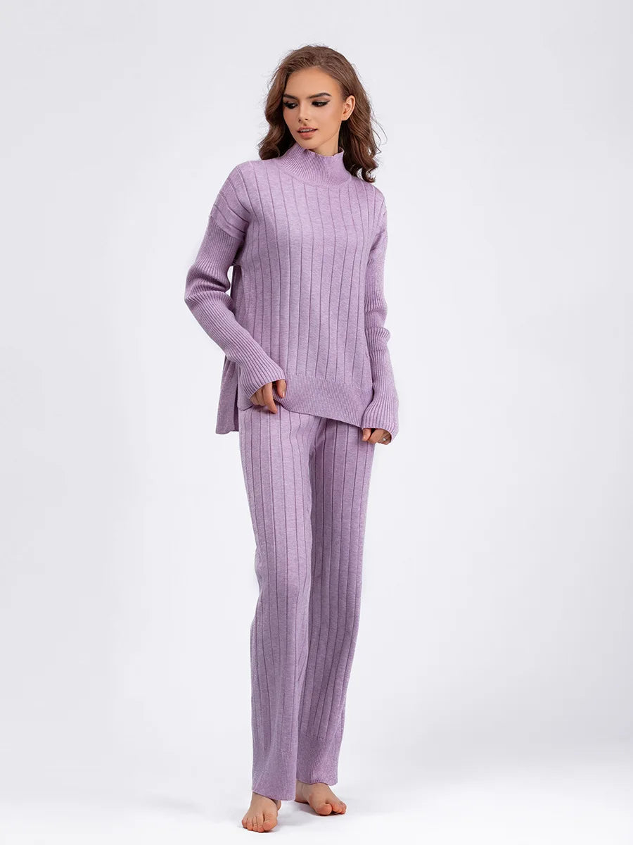 Women Pants Suit Autumn Winter New Pit Stripe Turtleneck Dropped Shoulder Sweater Set Loose Warm Tracksuit Women Two Piece Set