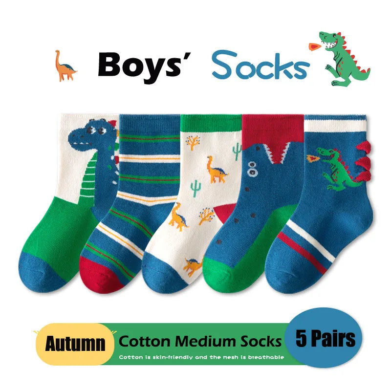 Maxy 5 Pairs Boys Autumn Socks Mid Calf Cotton Socks Smiling Dinosaur Socks Children Medium Socks  A Class Baby Kids Socks