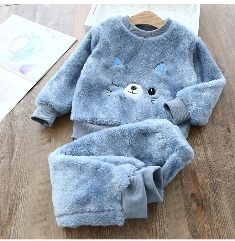 Babs Boy Girl Clothes Pajamas Set Flannel Fleece Toddler Child Warm Catoon Bear Sleepwear Kids Home Suit Winter Fall Spring 1-8Y