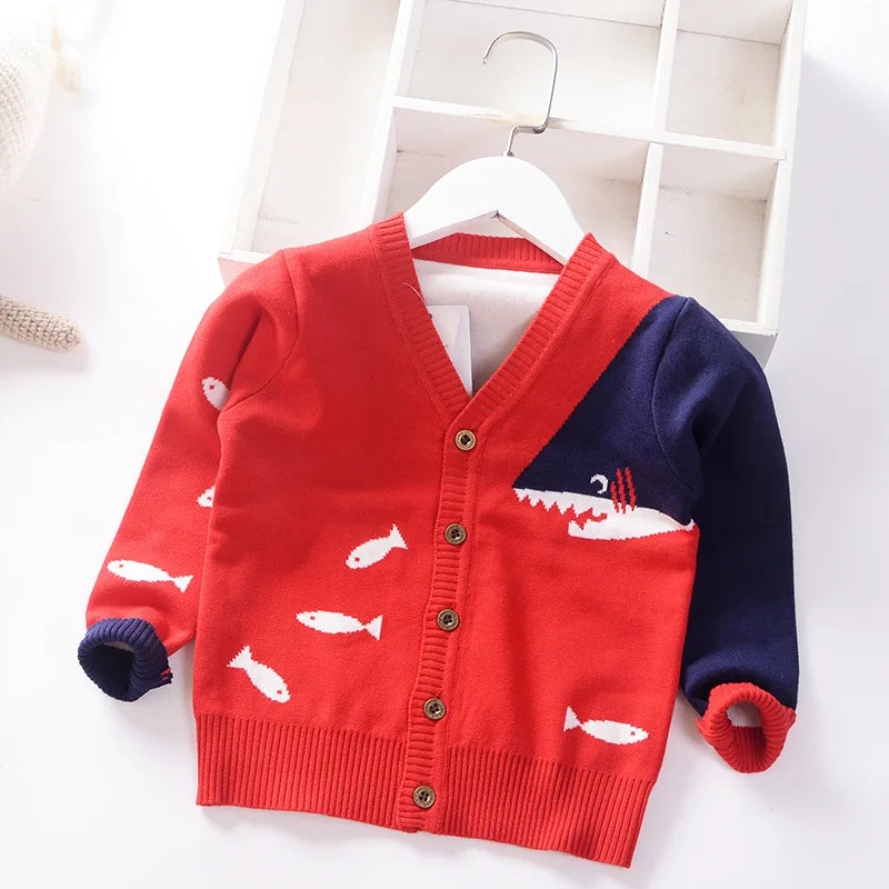 Babs Boys Sweater Cardigan Coat 2024 Autumn Winter Children's Sweaters Kids Knit Clothes Cartoon Whale V-Neck Toddler Sweaters