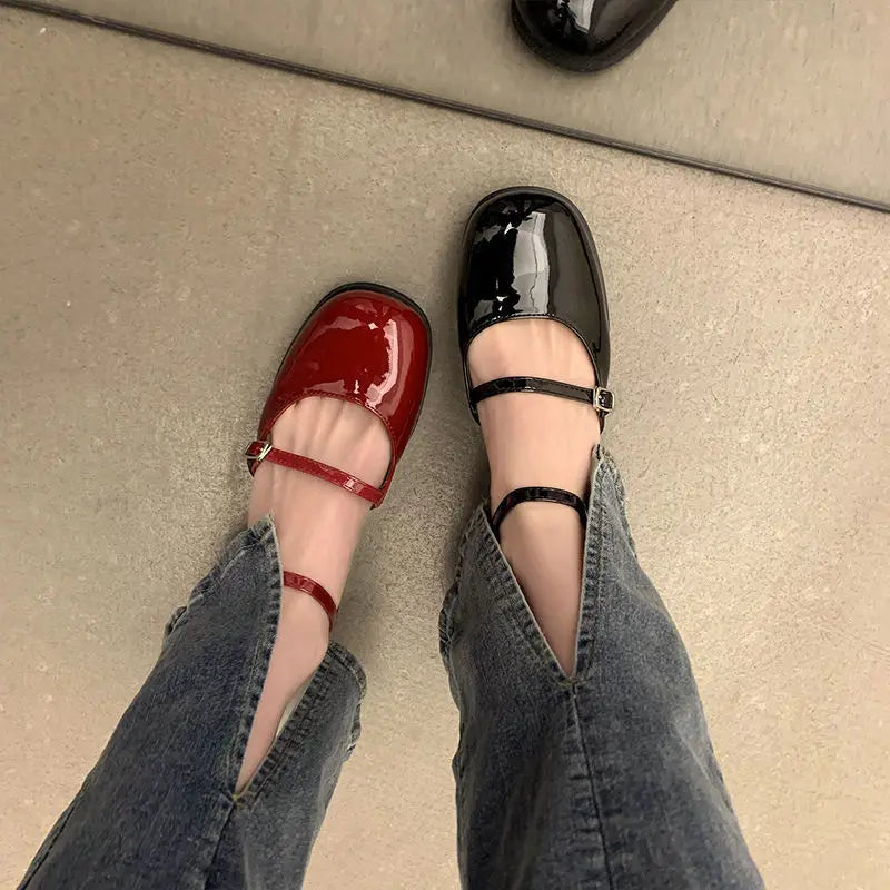 Maxy Shoes Buckle Pumps Women Thick Heels Elegant Shallow Square Toe Footwear Party Office Lady Leather Loafers Shoes