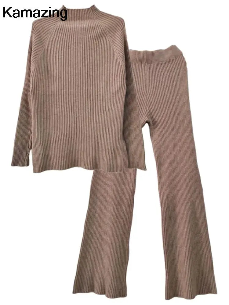Amay Women's Knitted Two Piece Set Thick Sweater Tracksuits Autumn Winter Casual Pullover Wide Leg Pants Suit Harajuku Female Clothes