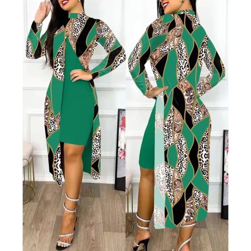 Maxy Two Piece Set Women Print Dresses Sets Full Sleeve Half High Collar Split Cardigan Dress Suits Elegant A Line Office Lady