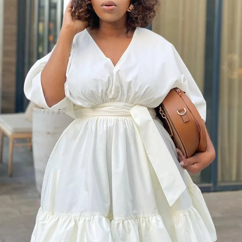 Maxy New Fashionable A-line Dress African Long Dresses for Women Evening Party V-neck Loose Cake Robe Femme Ankara Turkey Outfit