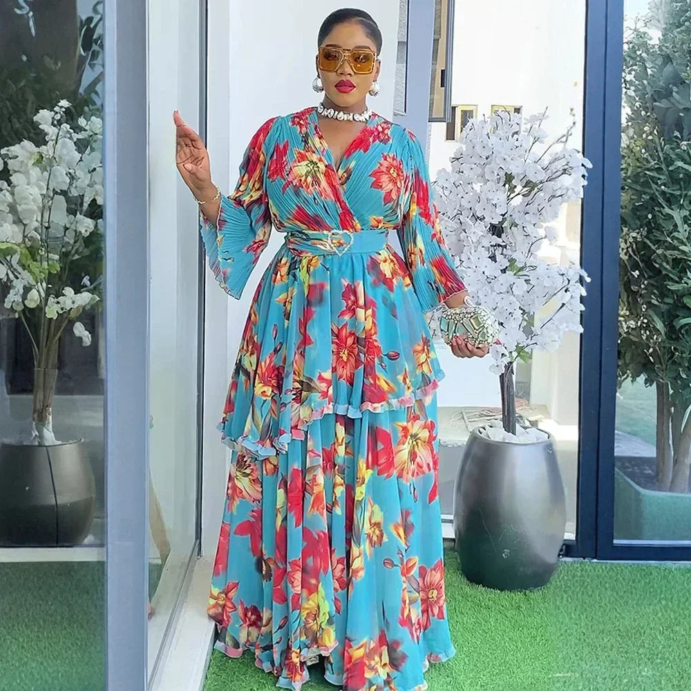 Maxy Elegant Dresses for Women New Summer Fashion Print Robe Plus Size Muslim Wedding Evening Party Long Dress
