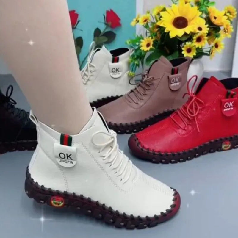 Maxy NEW Women Shoes Autumn Loafers Lace Up Sneakers Casual Flats Solid Soft Bottom Boots Leather High-Top Sneaker Female Shoes