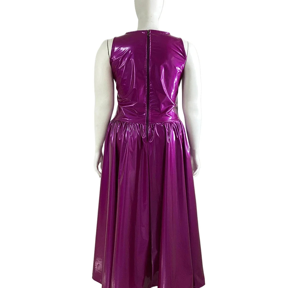 Maxy Women's PVC Tank Dress, Sleeveless Fit and Flared Dress, Raves Party Swing, Pleated Clubwear, Plus Size, Punk Fashion