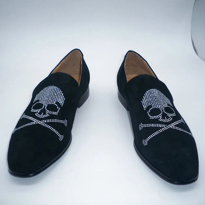 Visco Luxury Man Black Suede Shoes Skull Pattern Rhinestone Loafers For Men Handmade Crystal Shoes Mens Leather Casual Shoes