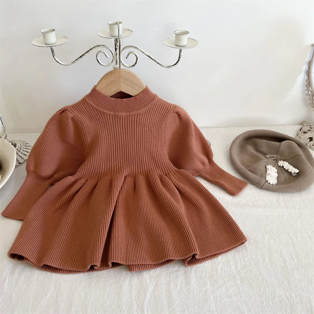 Maxy Baby Girls Knitted Dress Solid Long Sleeve Toddler Girl Clothes for 1 to 4 Years Warm Kids Sweater Dresses