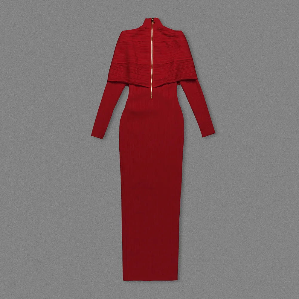 Maxy Women's Party Dresses Luxury Winter New Red Bandage Long Dress Turtle Neck Cross Design Knitted Slim Fit Evening Gown