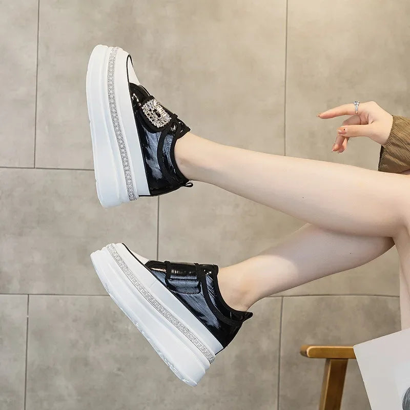 Amay 8cm Crystal High Top Women Genuine Leather Platform Boots Wedge Hidden Heel Hook Spring Autumn Bling Shoes Sneakers Ankle Boots