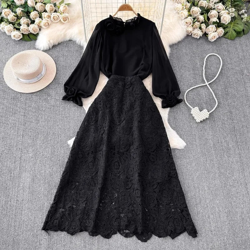 Women 2 Piece Sets Elegant Vintage O-neck 3D Flower Chiffon Shirts Hollow Out Lace Bodycon Skirts Suit Summer Two Piece Set