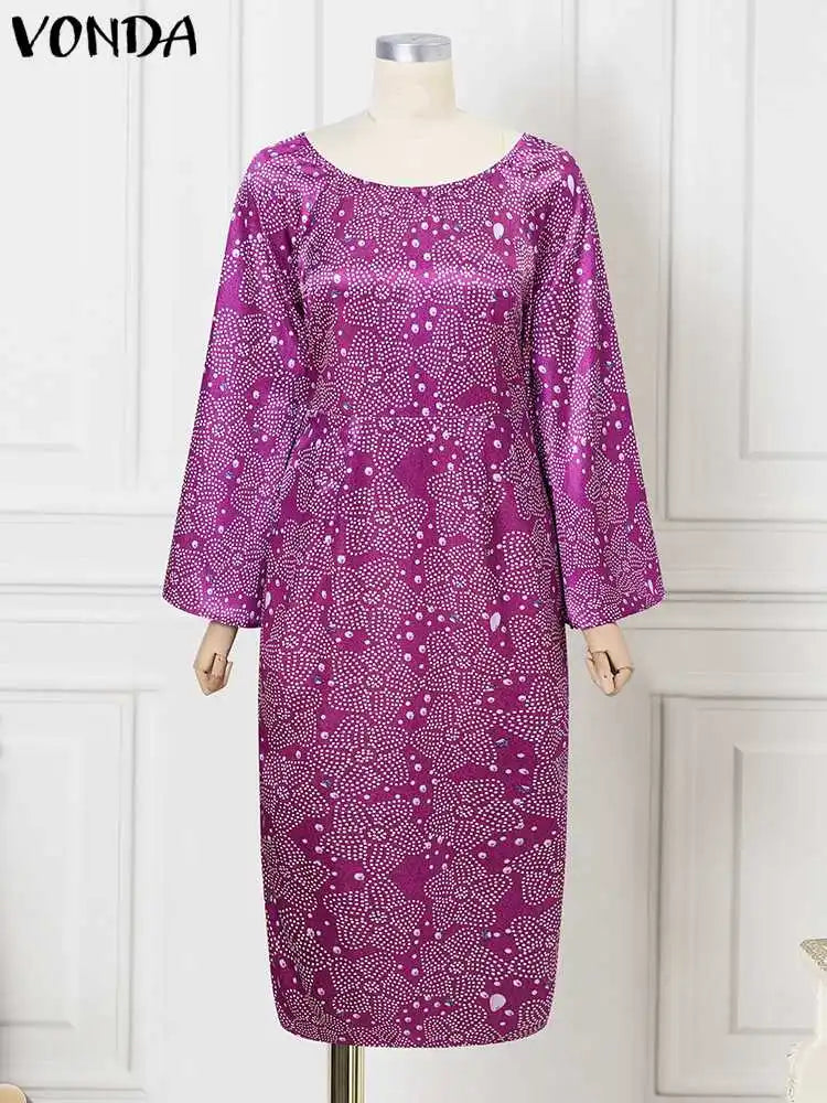 Amay Plus Size 5XL VONDA Women Sexy Off Shoulder Dress Flare Sleeve Party Maxy Long Dress Fashion Printed Sundress Elegant Robe