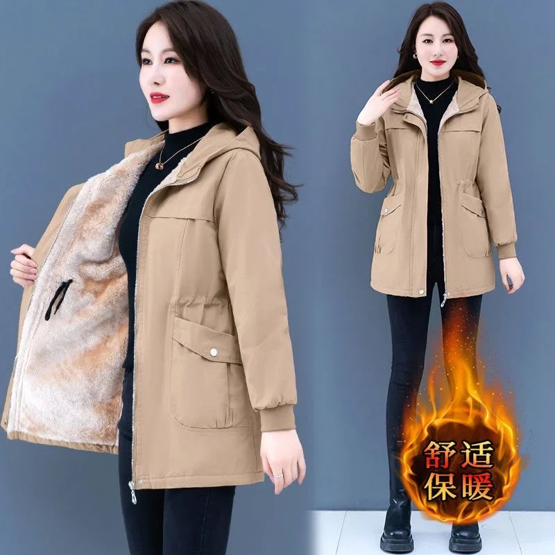 Maxy Casual Plus Velvet Warm Winter Trench Coat For Women Slim Hooded Thicken Cotton Jacket Female Snow Wear Overcoat.