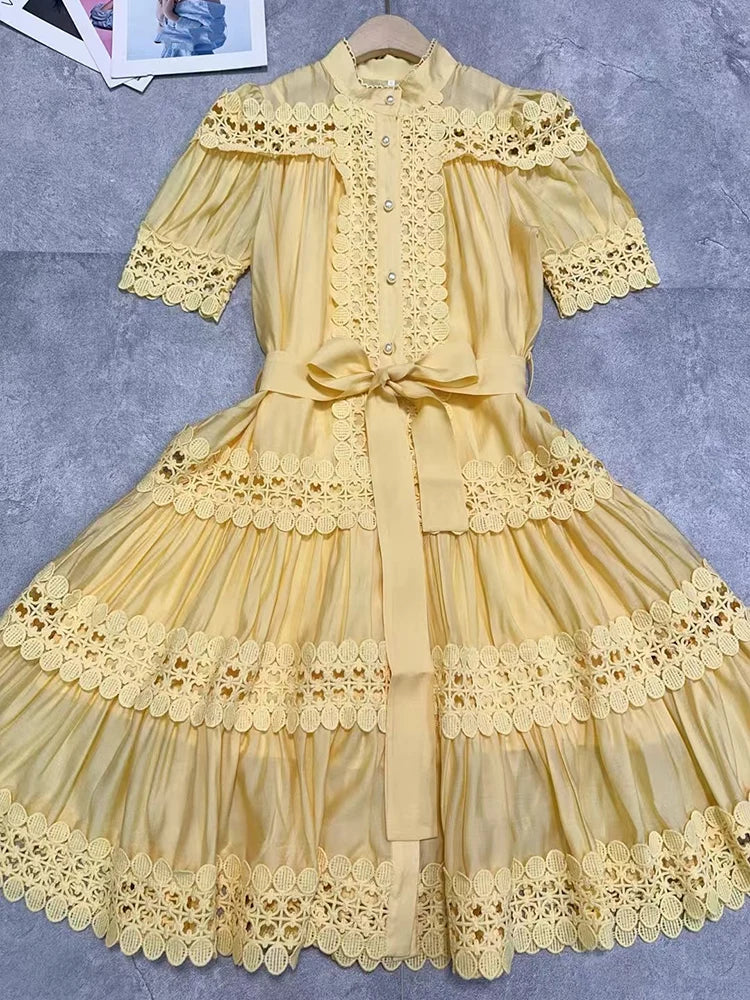 Maxy summer women's new ladies stand collar hollow single-breasted short-sleeved dress with high waist and short A-line skirt.