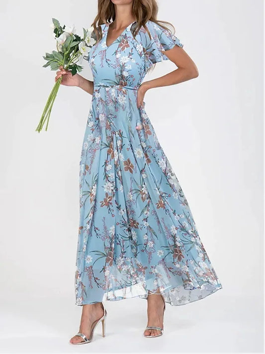 Maxy Female Vintage Floral Printing Chic Dress Women Summer Elegant V Neck Maxi Party Dresses Casual Chiffon Beach Long Dresso