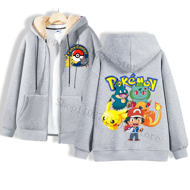 Maxy Pokémon Lamb Wool Coat for Men Women Pikachu Anime Cartoon Fashion Zipper Hooded Jacket Boys Girls Winter Warm Hip Hop Coats