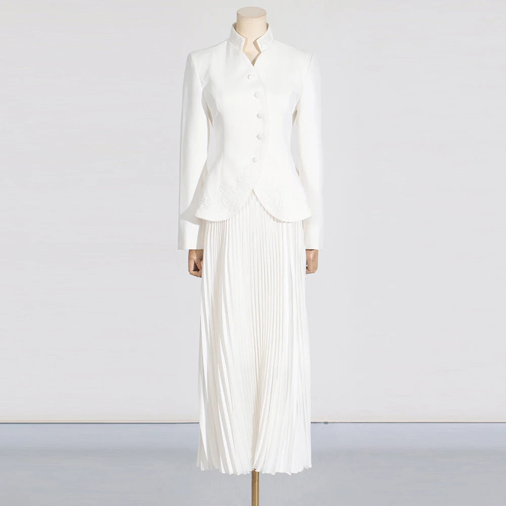 Amay Embroidery Solid Two Piece Set For Women Stand Collar Long Sleeve Spliced Button Tops High Waist Folds Skirt Chic Set Female