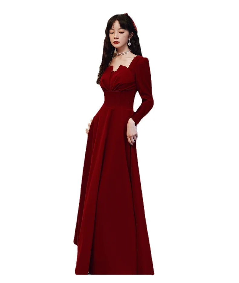 Babs Elegant Long sleeved Office Dress Wine Red Autumn Square Collar A-line Long Skirt Formal Party Wedding Bridesmaid Ball Dress