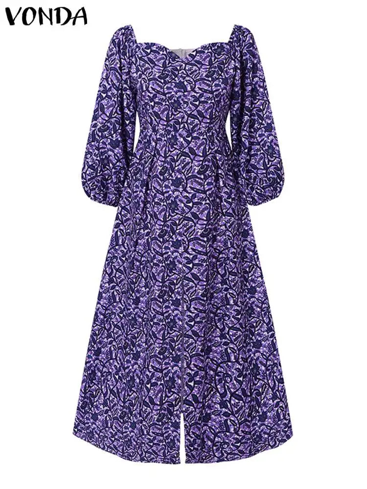 Maxy Plus Size 5XL Women Maxy Dress Off The Shoulder Puff Sleeve Floor-Length Printed Vest Oversize Casual Robe