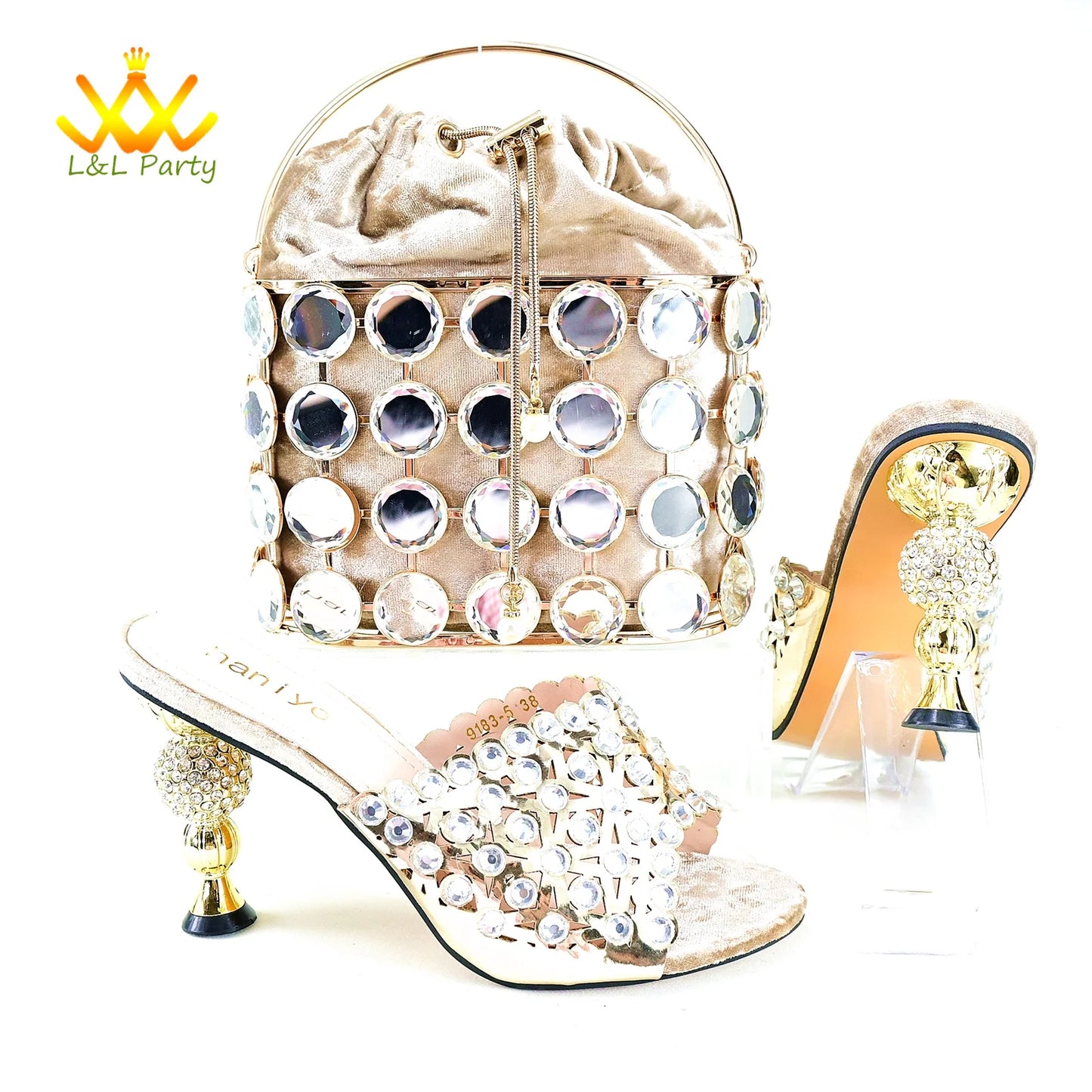 Maxy Gold Specials Heels with Crystal High Quality New Arrivals Spring Women Shoes and Bag Set for Wedding