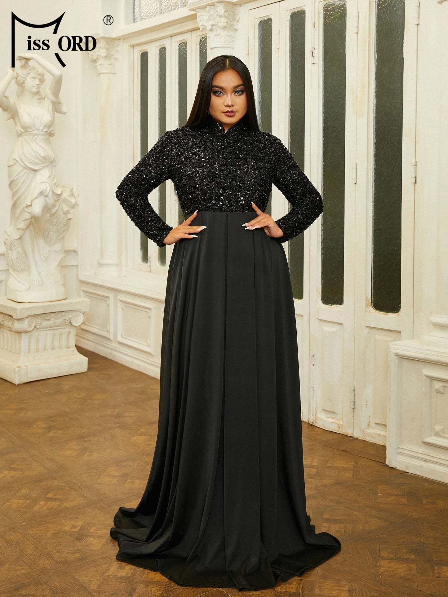Momsey New Plus Size Black High Necked Long Sleeve Sequin A Line Evening Prom Dresses