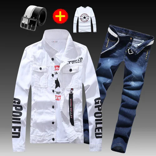 Visco Men's Slim Fit Denim Jacket Pants 2pcs Set Long Sleeve Coats Letters Printed Casual Large Size Black White Red Boys Trousers