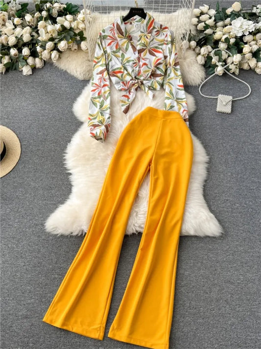 Amay Elegant Women Casual Print Pantsuits Vintage Shirts Tops High Waist Wide Leg Pants Two Pieces Set Female Party Outfits Clothes