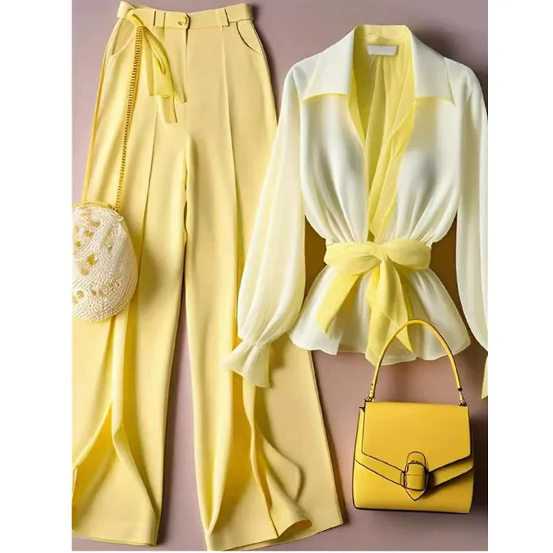 Amay Yellow Tailored Trousers Loose Pants Suit Womens Two Piece Sets Vintage Perspective Shirt Autumn Blouse Sleeve Korean Top
