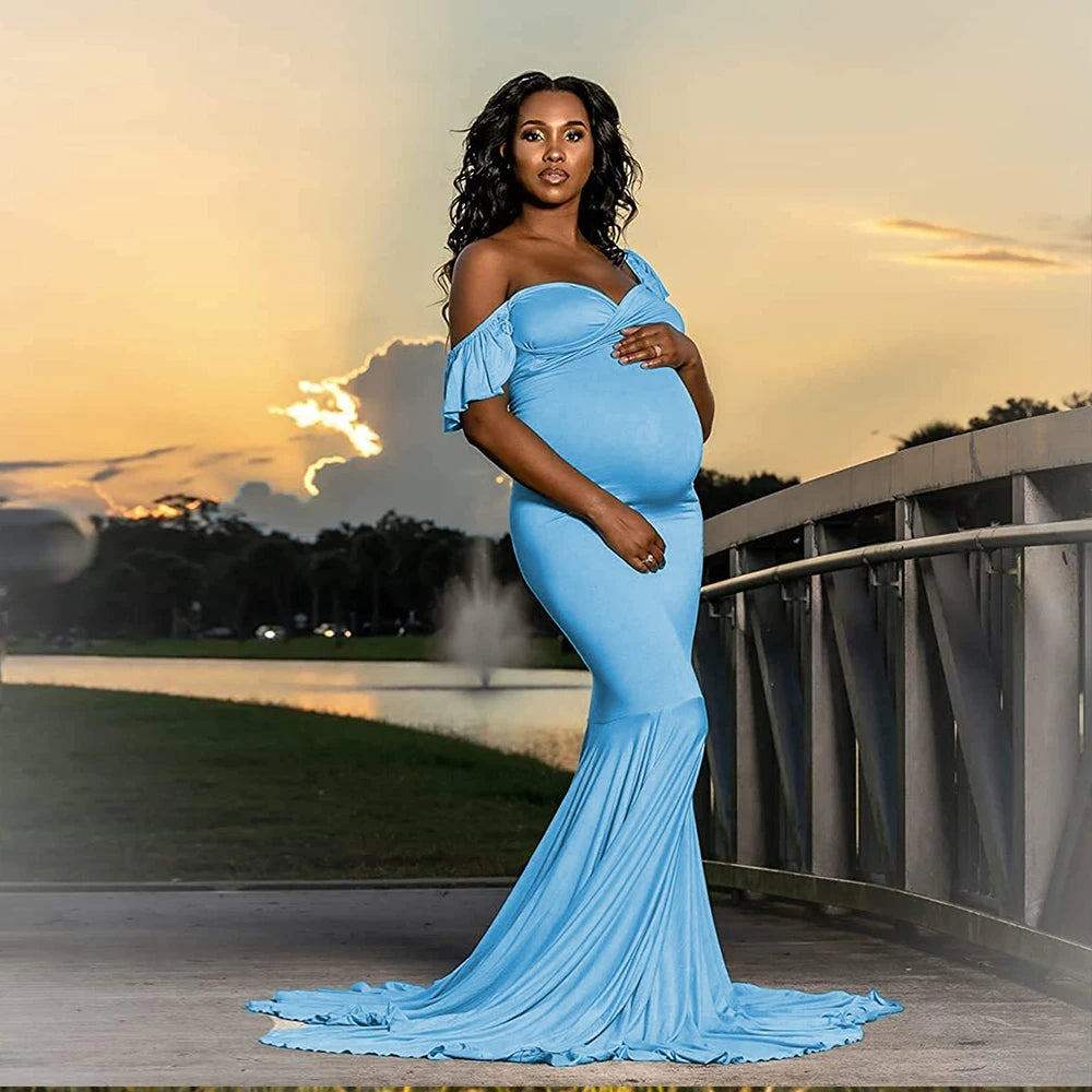 Maxy Maternity Dress Photography Tube Top Ruffle Sleeve Slim Fishtail Bridesmaid Wedding Maxy Gown Pregnant Baby Shower Robe