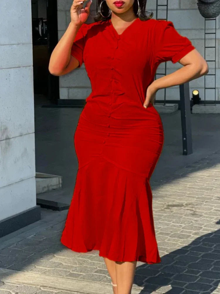 Amay Summer Elegant African Women V-neck Polyester Green Black Red Short Sleeve Dress S-3XL African Dresses for Women