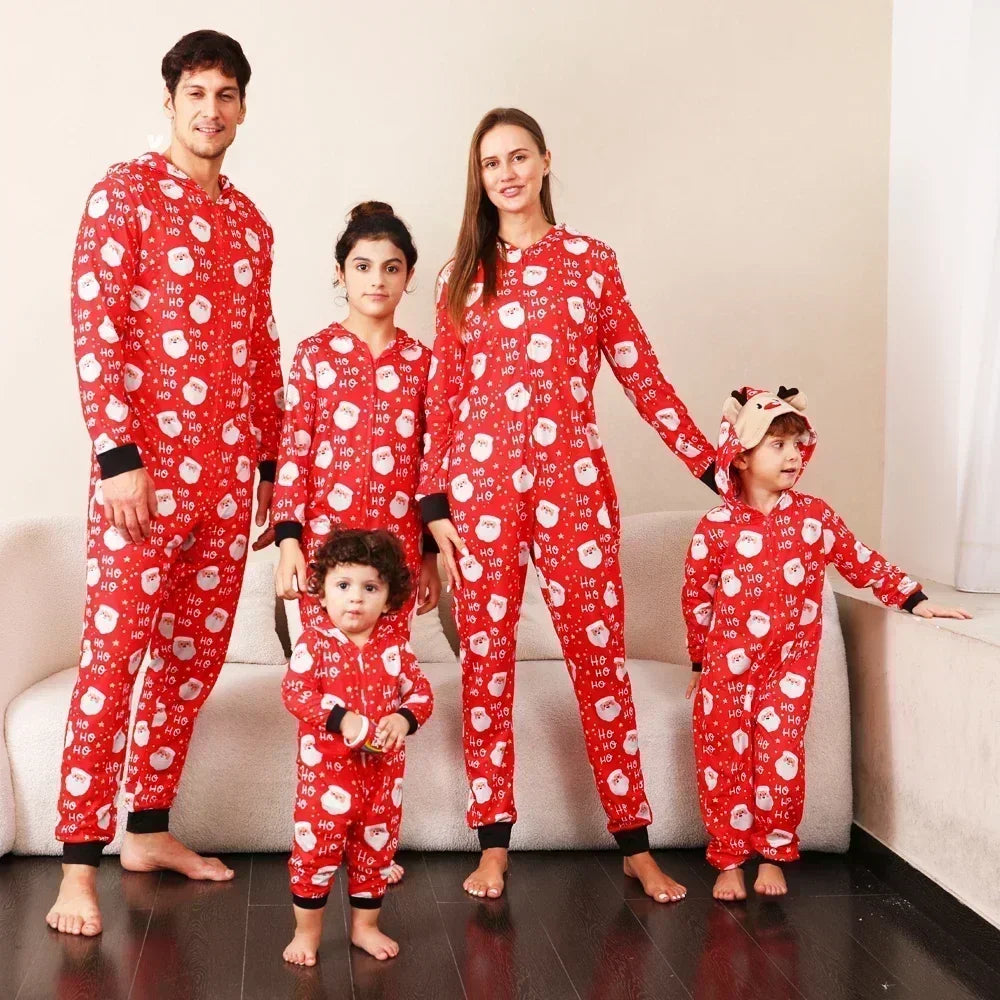 Christmas Outfits for Family Adults Kids Matching Pajamas Snowman Print Deer Ear Hooded One-Piece Jumpsuit Warm Soft Xmas Romper