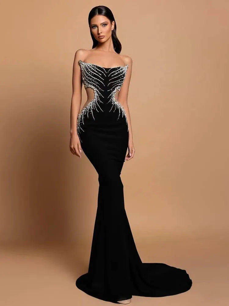 Maxy Ready Party Dress Women Luxury Black Strapless Beading Tull Insert Maxy Long One-Piece Celebrity Evening Gowns Korean Gala Dress