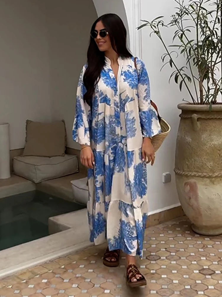 Maxy Plus Size Floral Print Dress V-Neck Button Front Flared Sleeve Summer Beach Vacation Boho Long Dresses Outfit For Woman