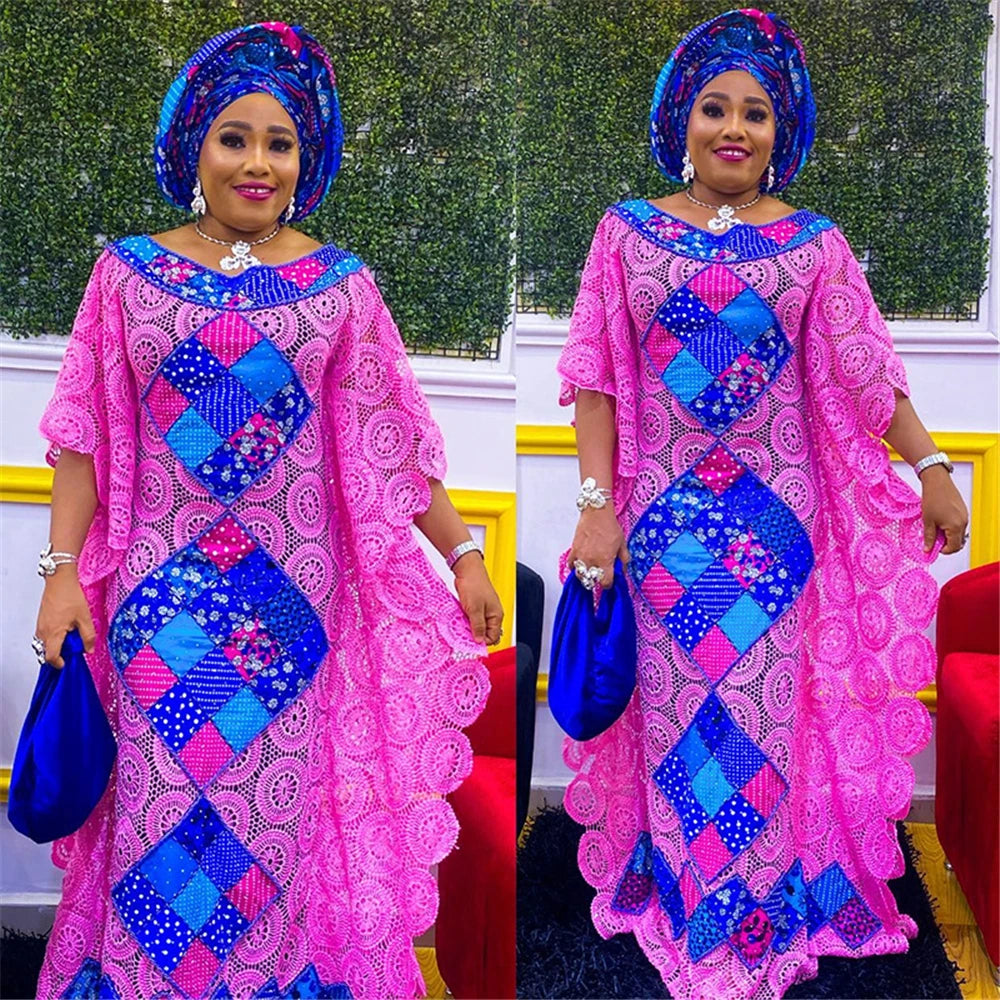 Maxy Plus Size African Lace Dresses Elegant Women Traditional Dashiki Boubou Wedding Party Hippie Gown Wears For Ladies