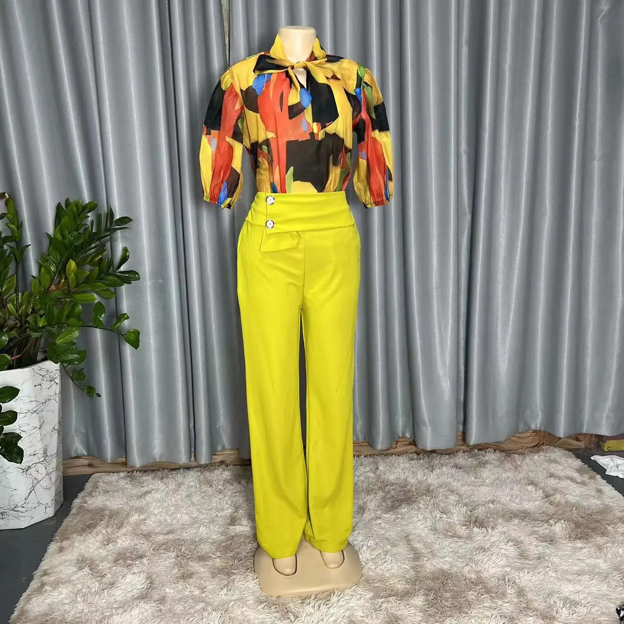 Maxy 2 Piece African Clothes for Women Autumn African Half Sleeve Polyester Top Long Pant Matching Sets African Clothing