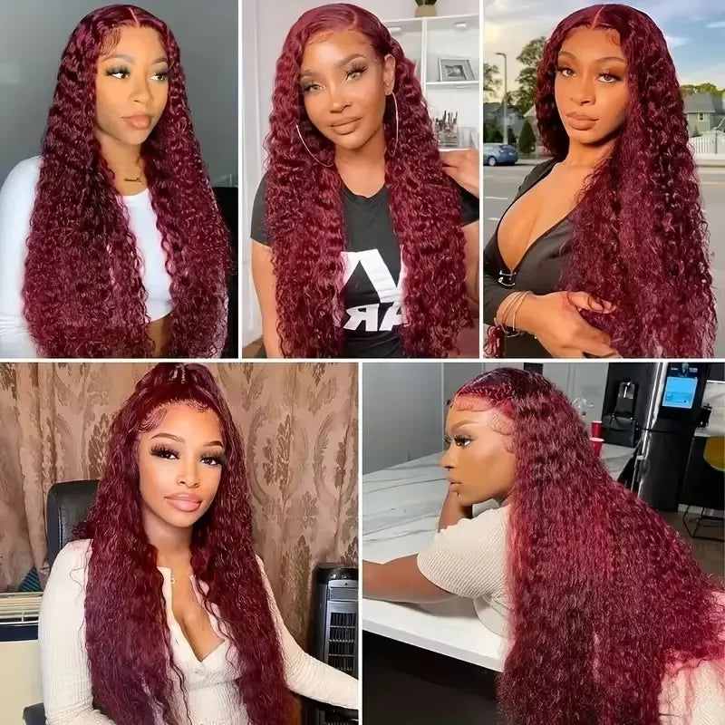 Maxy 46 Inch Deep Wave High Density 99j Burgundy 13x6 Lace Frontal Human Hair Curly Wig Red Colored 13x4 HD Lace Front Wig For Women