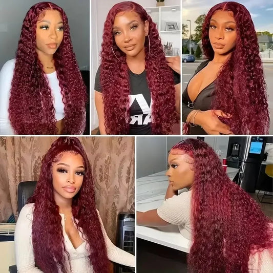 Maxy 46 Inch Deep Wave High Density 99j Burgundy 13x6 Lace Frontal Human Hair Curly Wig Red Colored 13x4 HD Lace Front Wig For Women